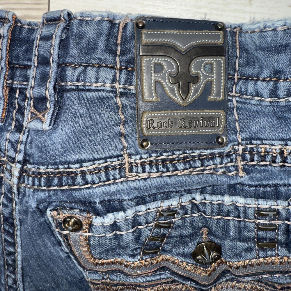 Rock Revival Jeans Mens 36x31 Blue Jack Slim Straight Denim Stretch Embroidered - Picture 11 of 14